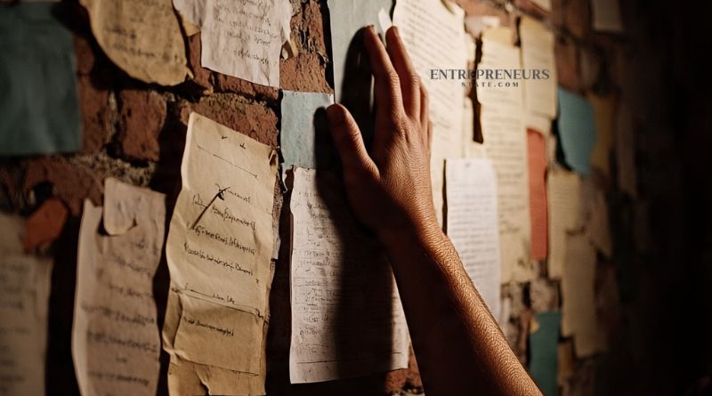 A person gestures towards a wall filled with papers, showcasing essential tools for
effective knowledge management.